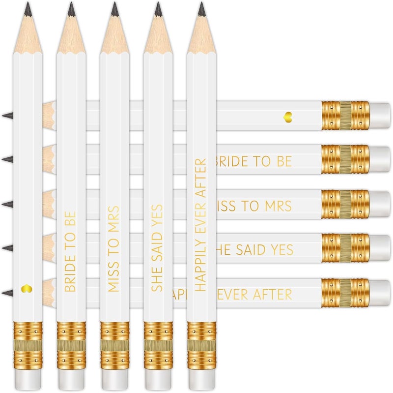 Vusnud 50Pcs - Bridal Shower Sharpened Half Pencils with Erasers, Pre-sharpened Pencils for Bridal Shower & Wedding Games, 4 Inches (White - Happily Ever After) - Image 1